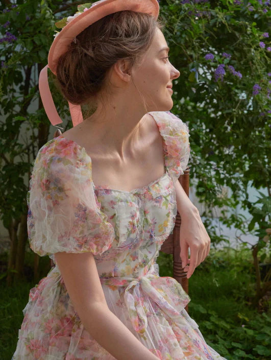 Blossom Whispers Ruffle Floral Puff Sleeve Dress