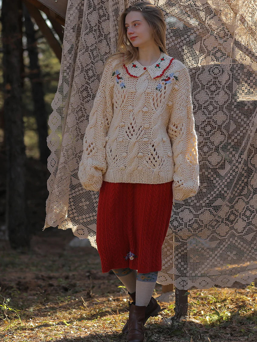 Floral Collared Cozy Knit Sweater