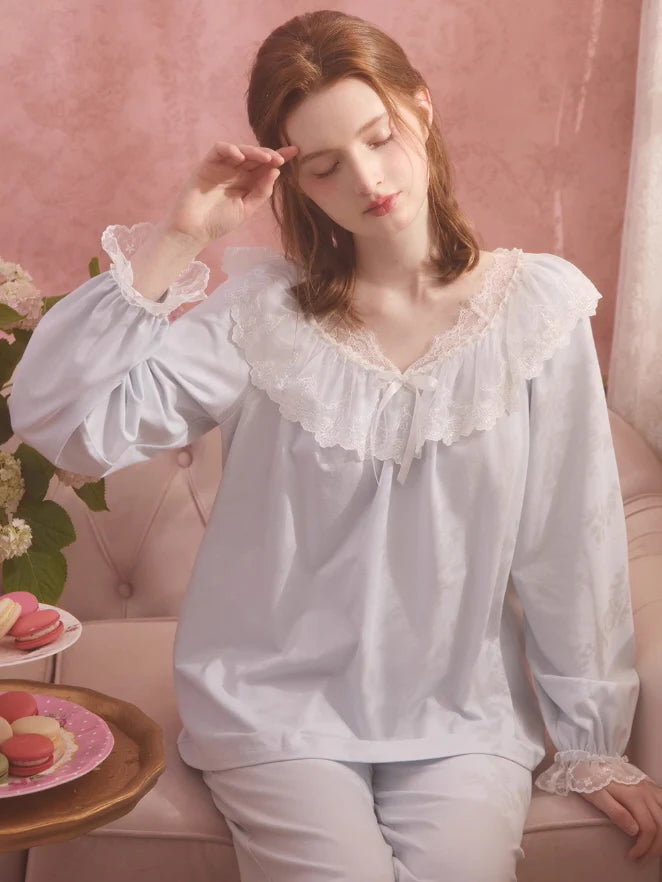 Graceful Lace Trim Cotton Pajama Set