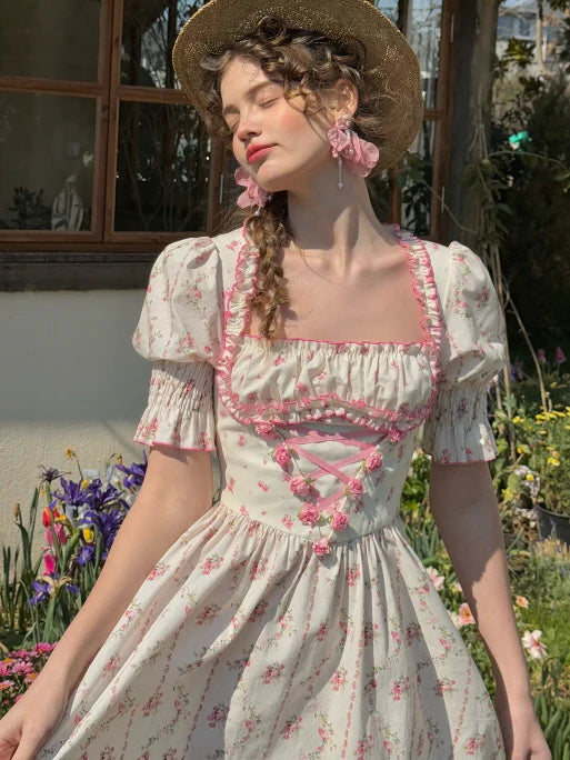 Strawberry Bloom Lace-Up Dress
