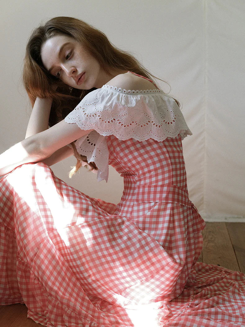 Red Gingham Off-Shoulder Frill Dress