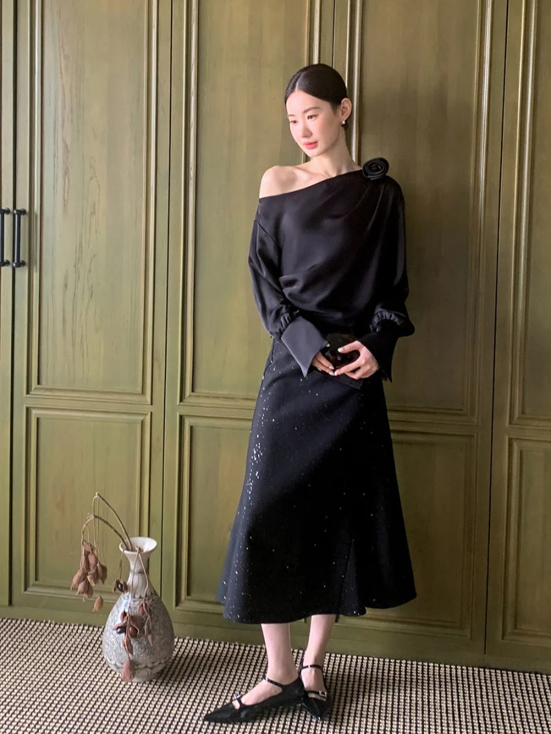 Off-Shoulder Flower Accent Blouse