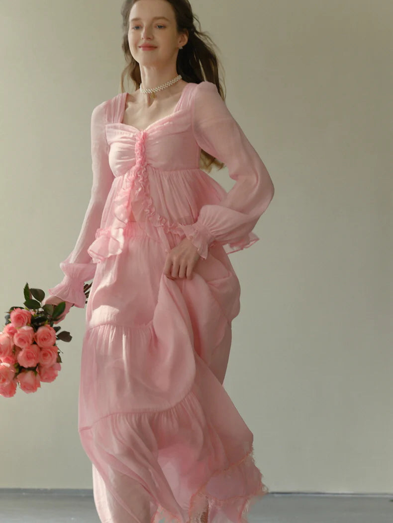 Rosy Frill Long Sleeve Top & Tiered Lace Skirt