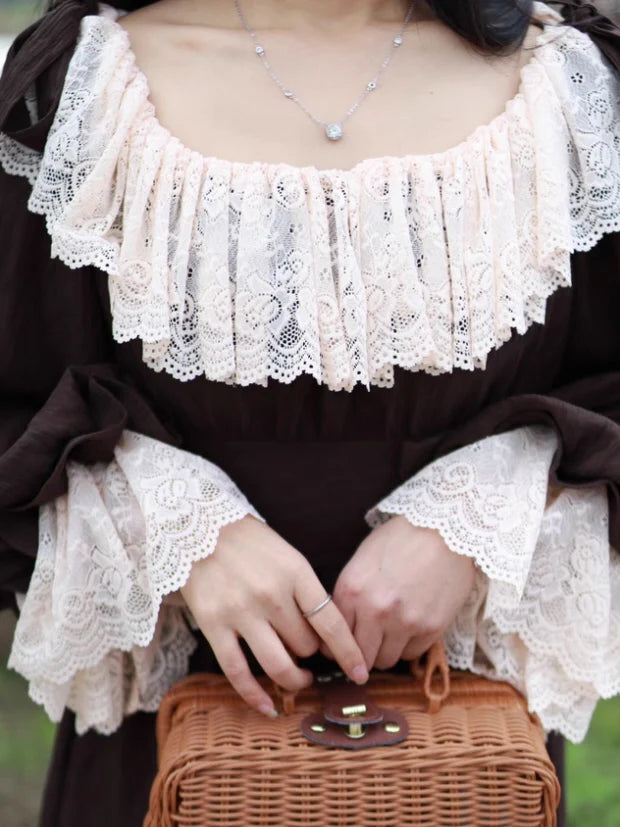 Mocha Reverie Vintage Lace Long Dress