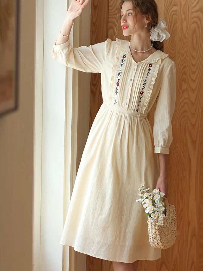 Floral Embroidery Ruffle Trim Cream Cotton Dress