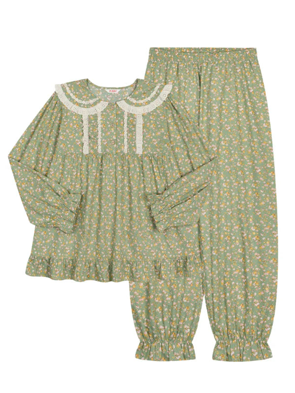 Green Floral Lace Trim Pajama Set