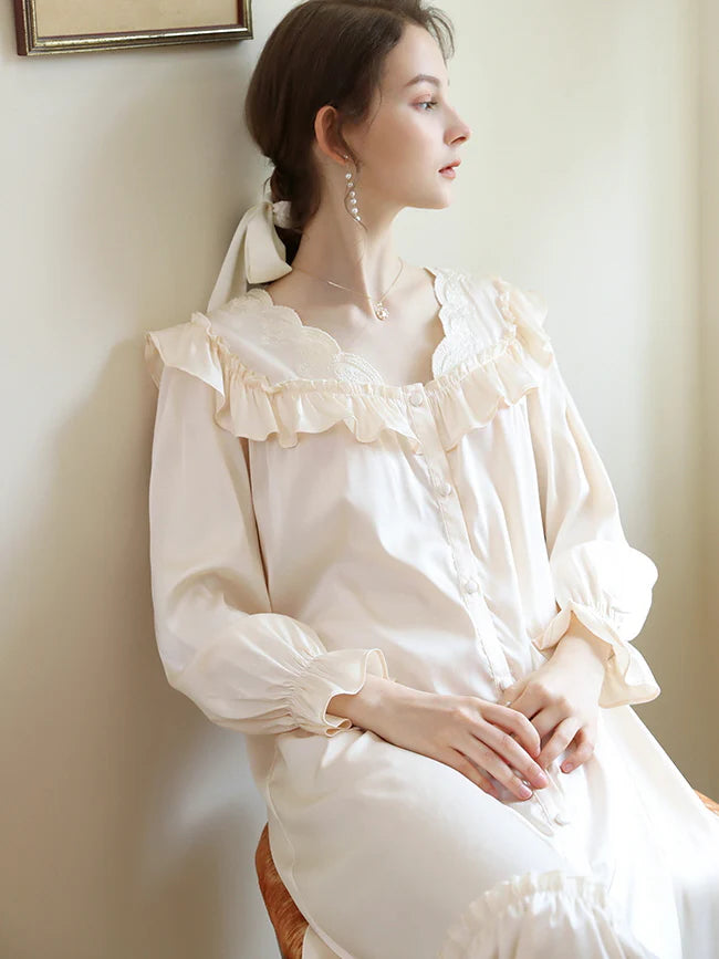 Vintage-Inspired Cream Ruffle  Nightgown