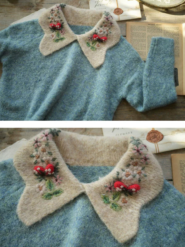 Floral-Collared Alpaca Sweater