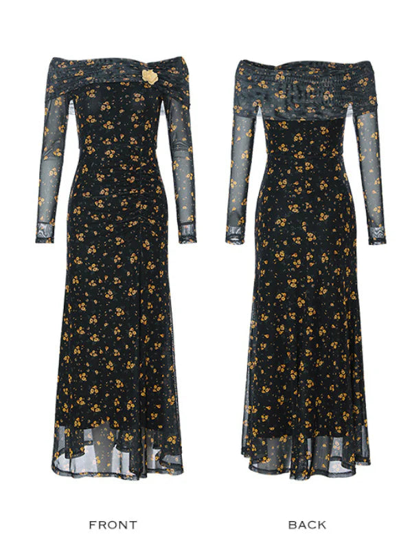 Midnight Blossom Off-Shoulder Mesh Dress