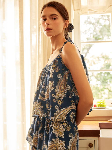 Navy Paisley Tie-Strap Loungewear Set