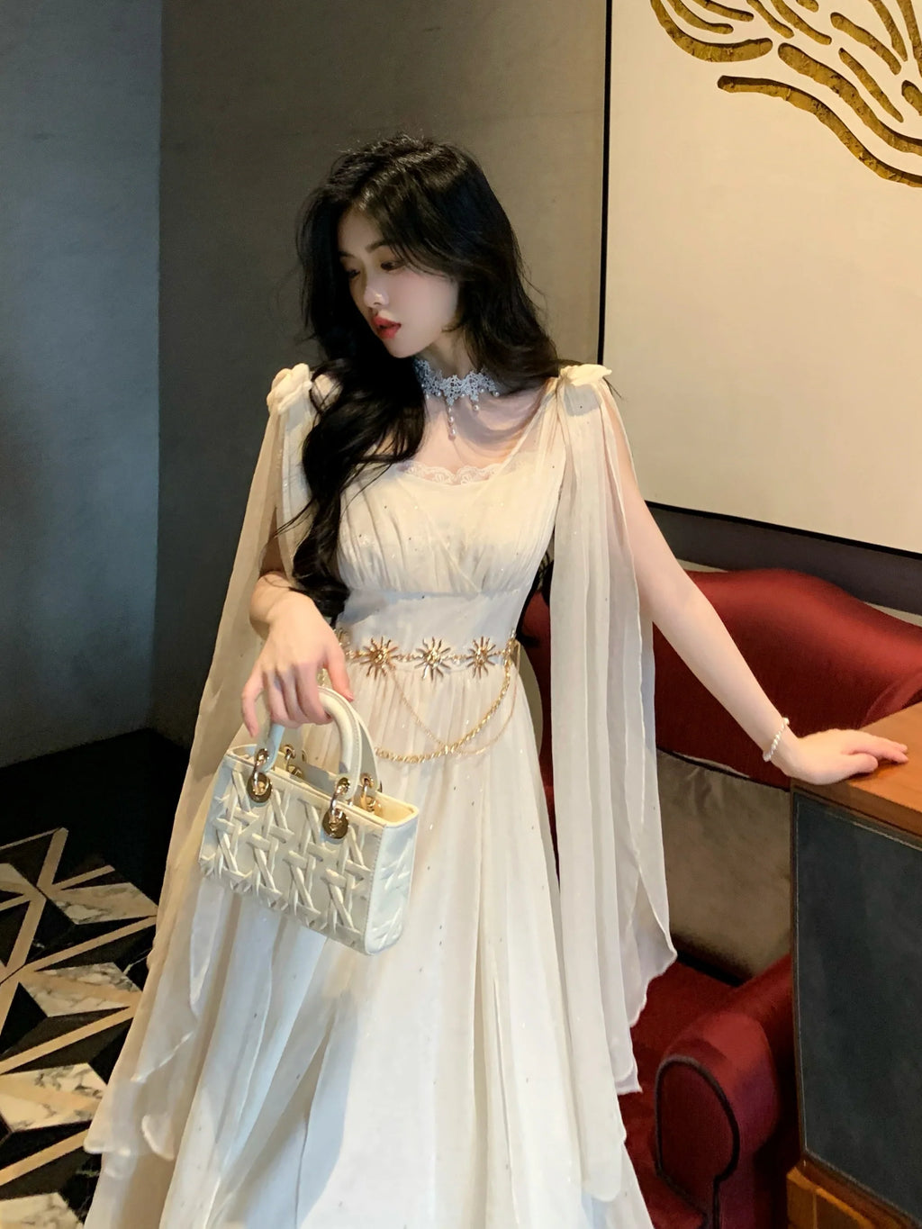 Ethereal Goddess Shimmering Silver Mesh Gown