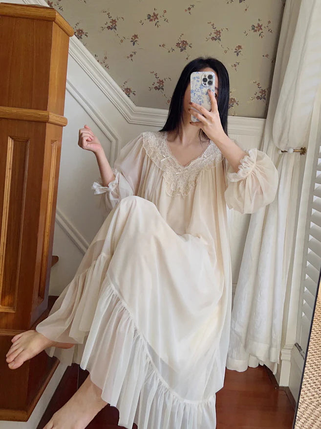 Ethereal Lace-Trim Ivory Nightgown
