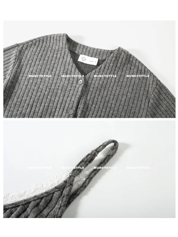 Gray Lace Trim Ribbed Pajama Set