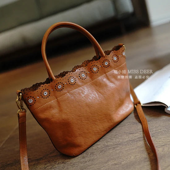 Scalloped Edge Genuine Leather Tote Bag