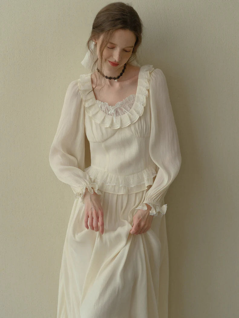 Poetic Cream Ruffle Lace Dress