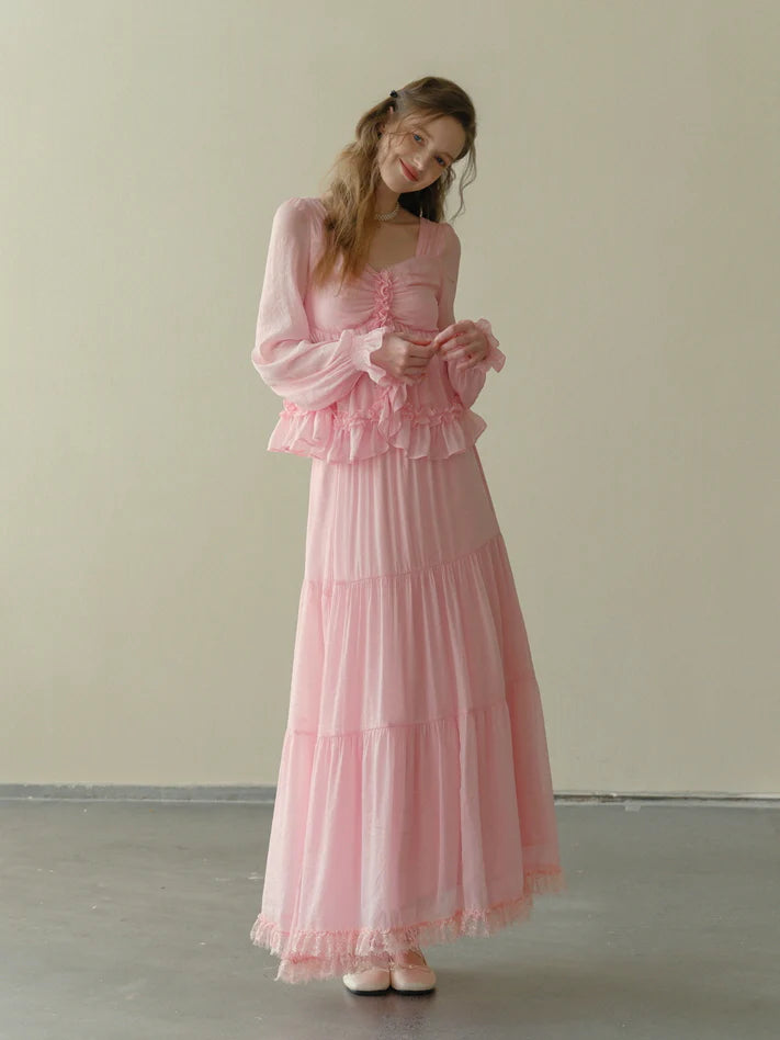 Rosy Frill Long Sleeve Top & Tiered Lace Skirt
