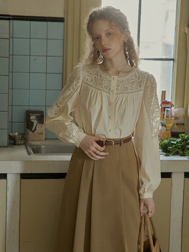 Romantic Lace Yoke Cotton Blouse