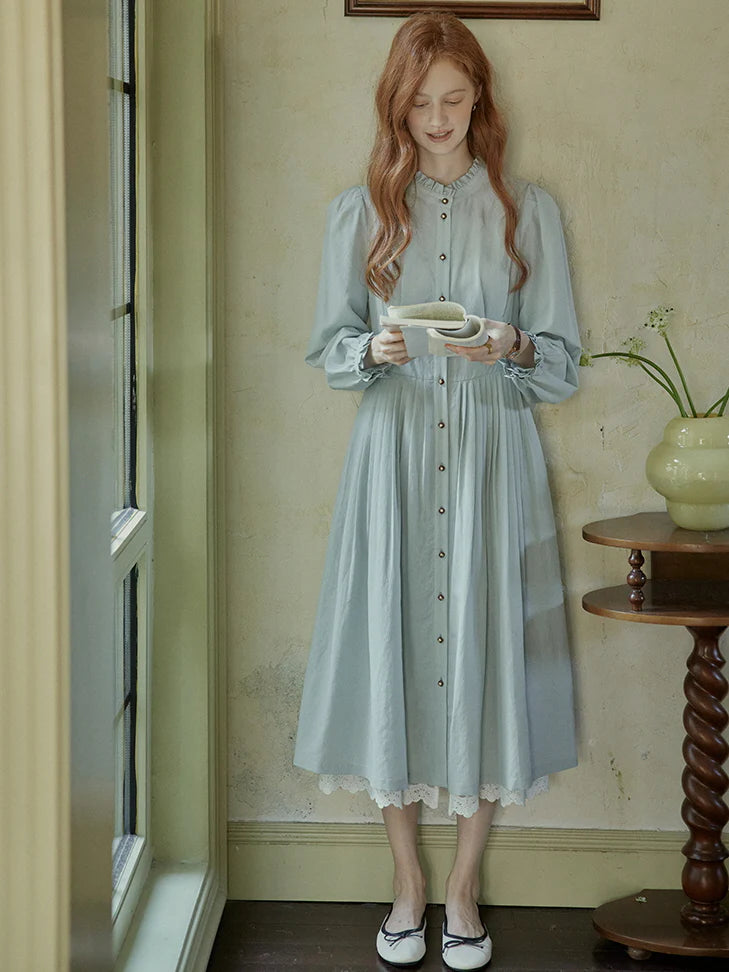 Vintage-Inspired Lace-Trim Light Blue Dress