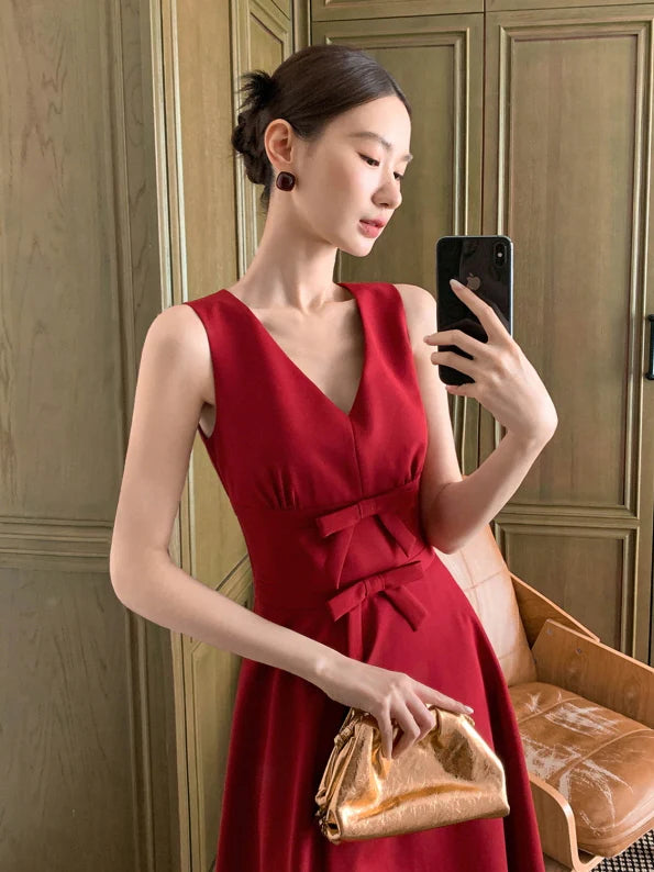 Double Ribbon Waist Classic Flare Dress