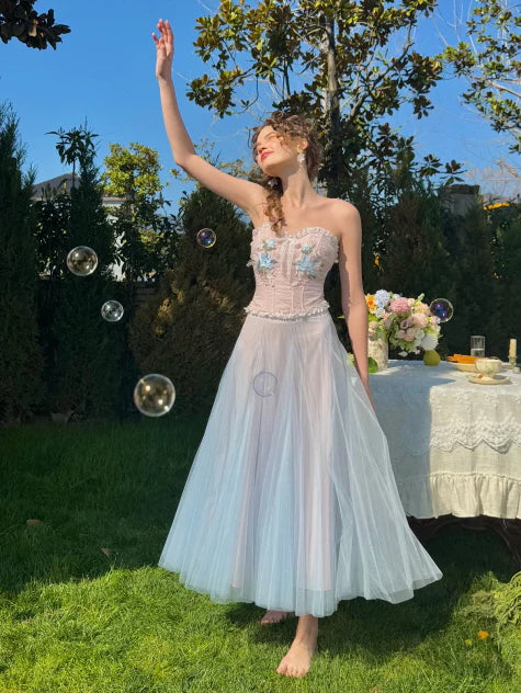 Pastel Bloom Embroidered Corset & Tulle Skirt