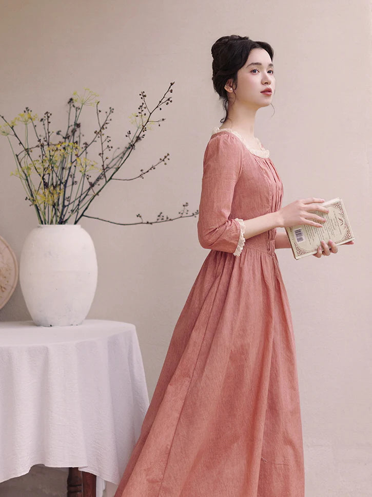 Retro Lace-Trimmed Cotton Dress