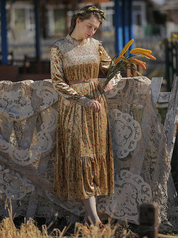 Golden Velvet Floral Dress