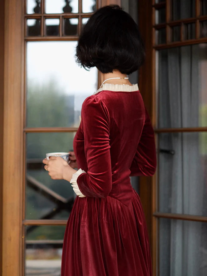 Ruffled Trim Royal Red Velvet Vintage Dress