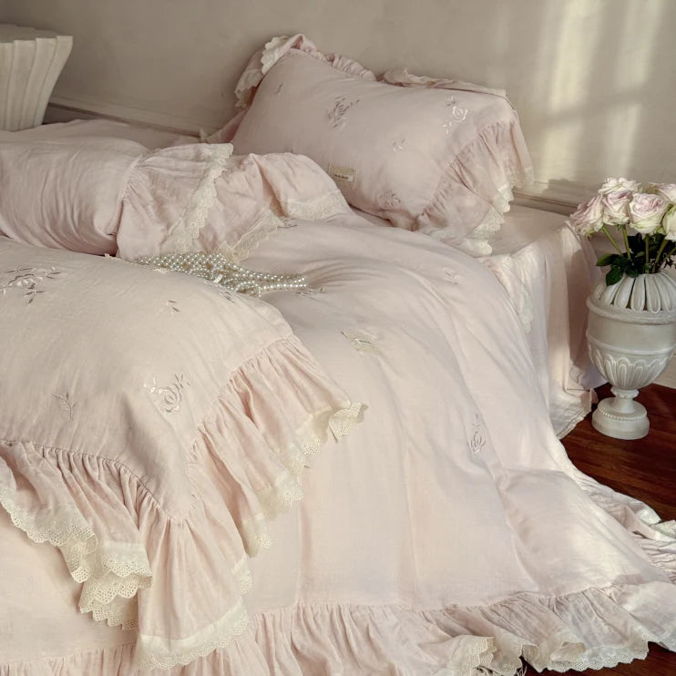 Pink Rose Embroidered Ruffle Bedding Set