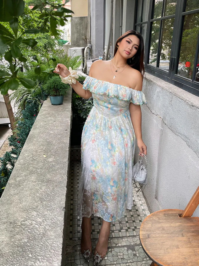 Pastel Garden Off-Shoulder Lace Dress