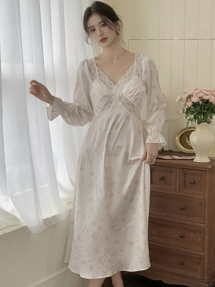 Delicate Floral Lace-Trim Nightgown