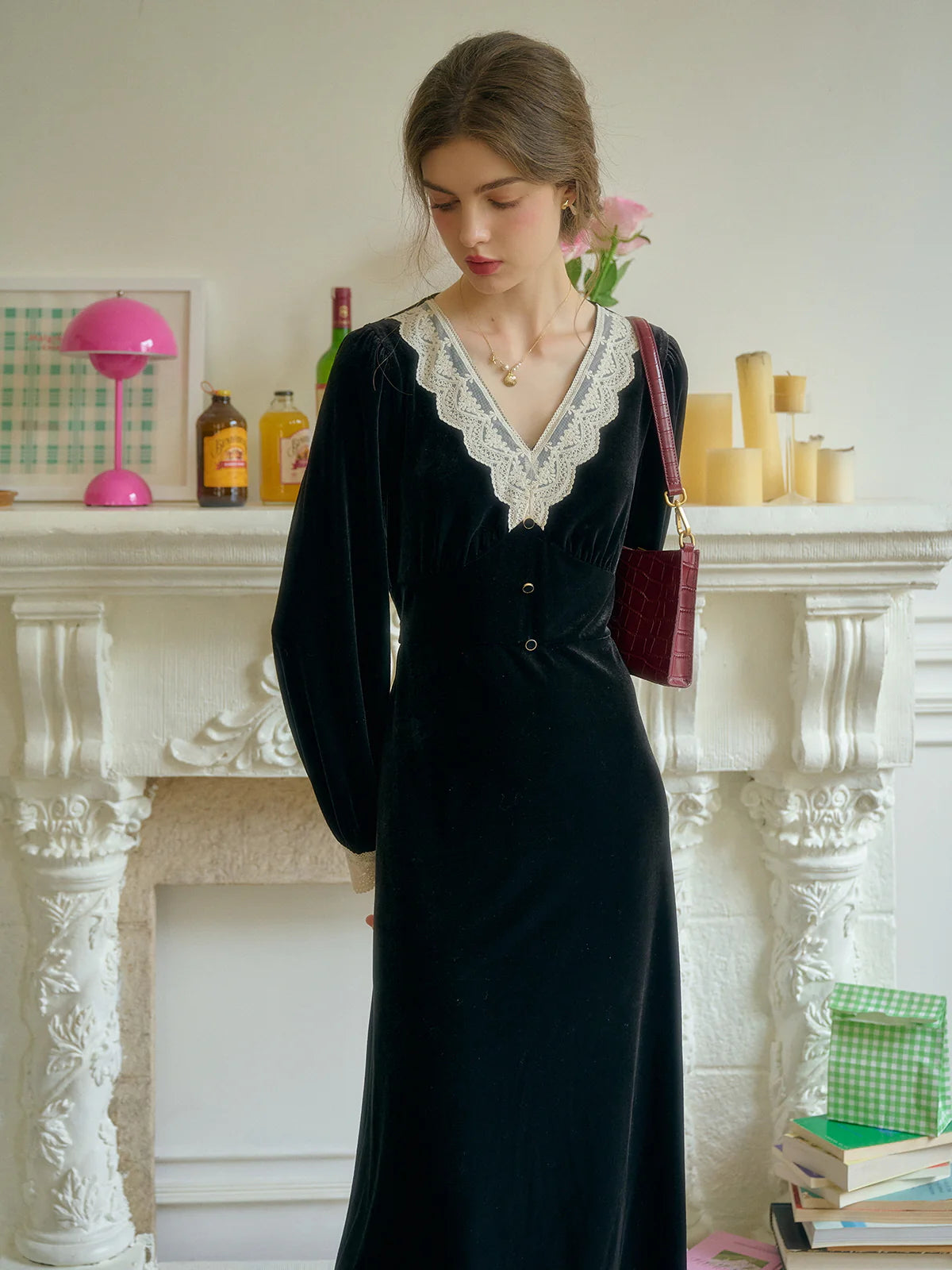 Lace Trim Vintage Velvet Elegance Dress