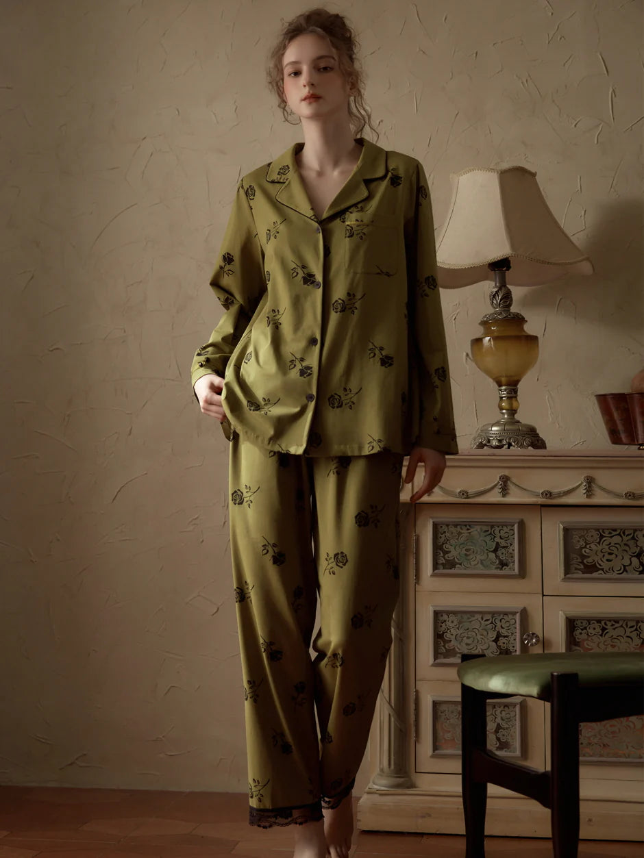 Vintage Rose Embroidered Pajama Set