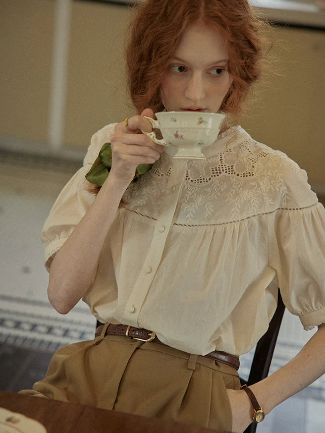 Victorian Lace Embroidered Cotton Blouse