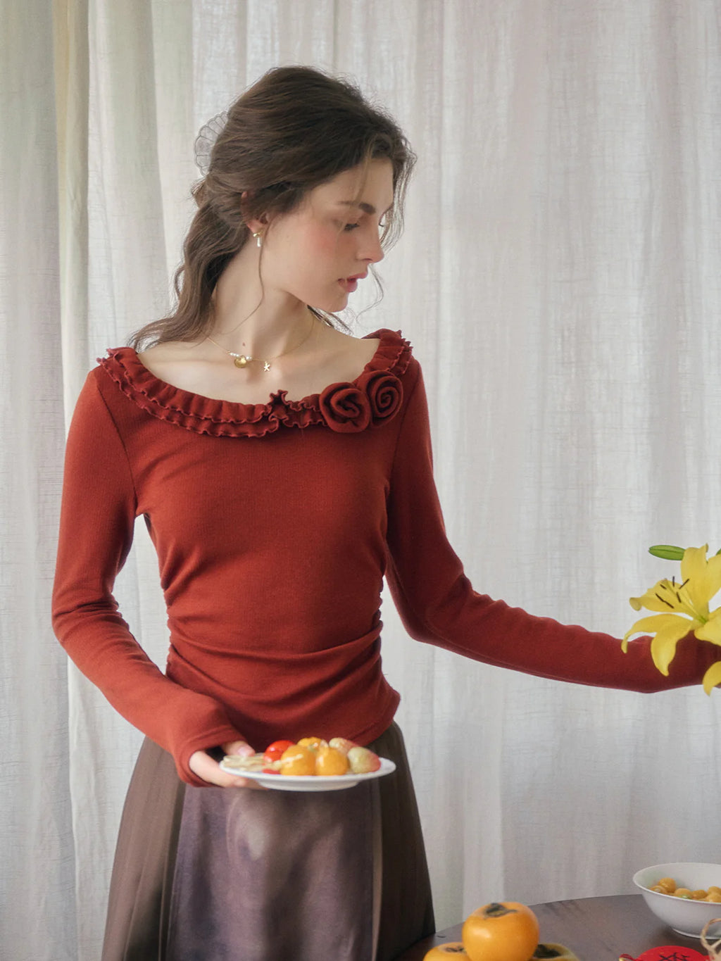 Rosette Ruffle Knit Top