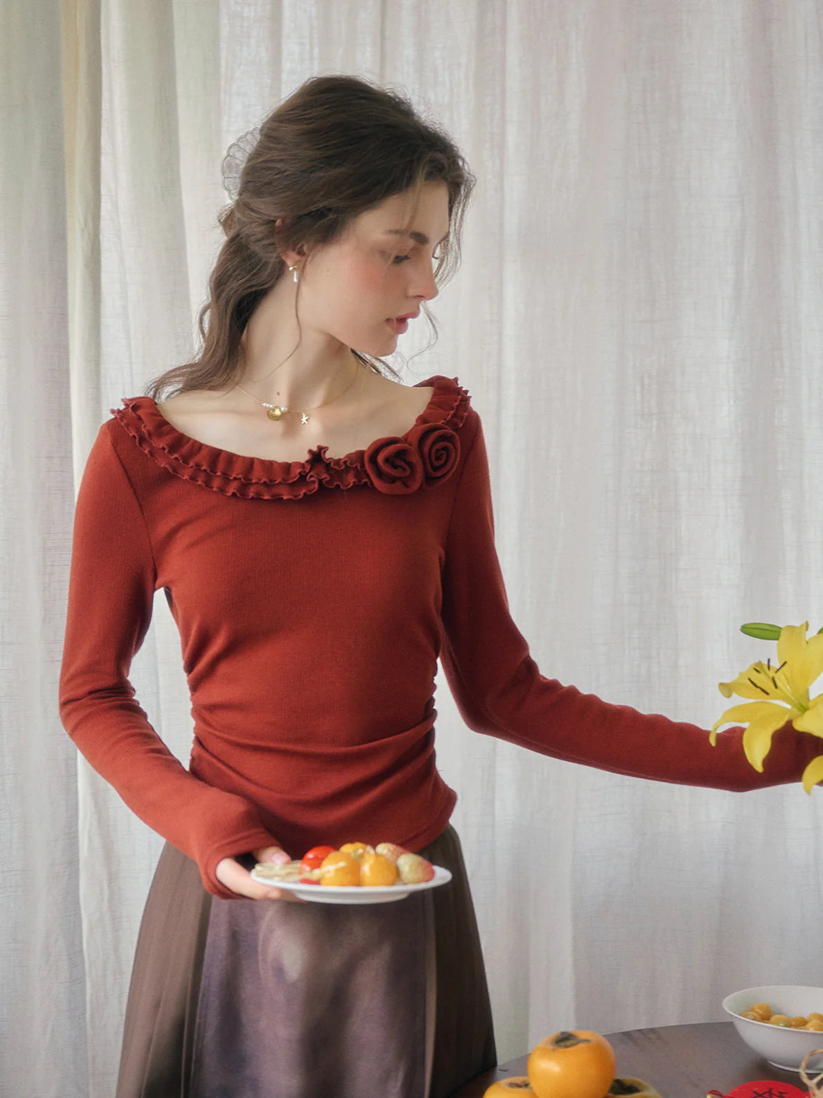 Rosette Ruffle Knit Top