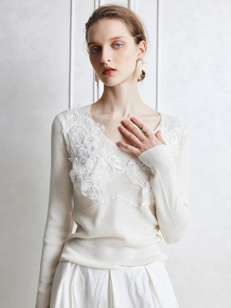 Floral Lace Embellished Knit Top