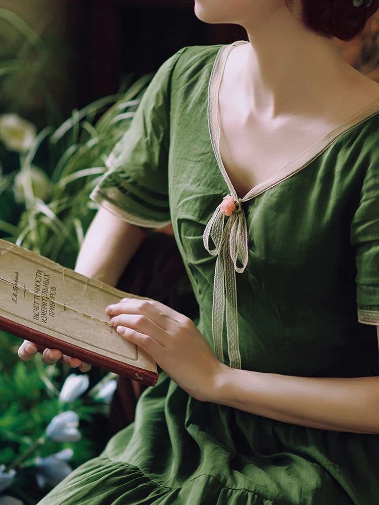 Woodland Green Bow‑Tie Dress