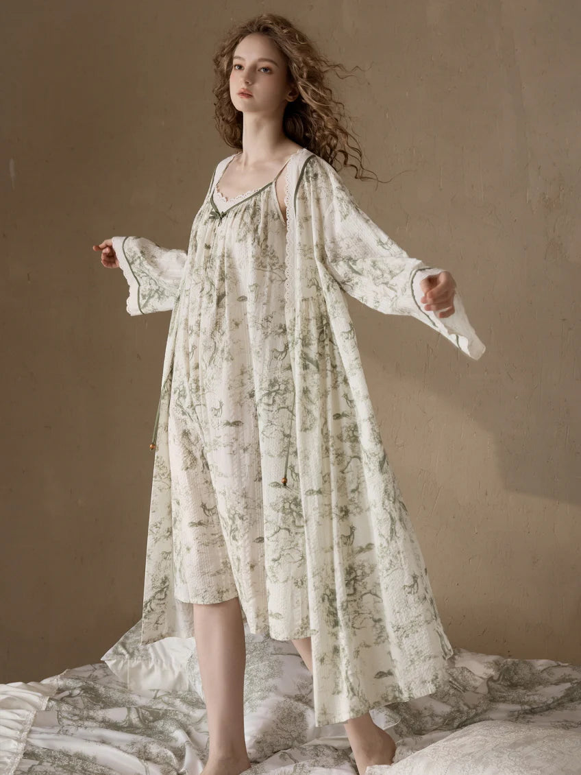Woodland Toile Print Nightgown & Robe Set