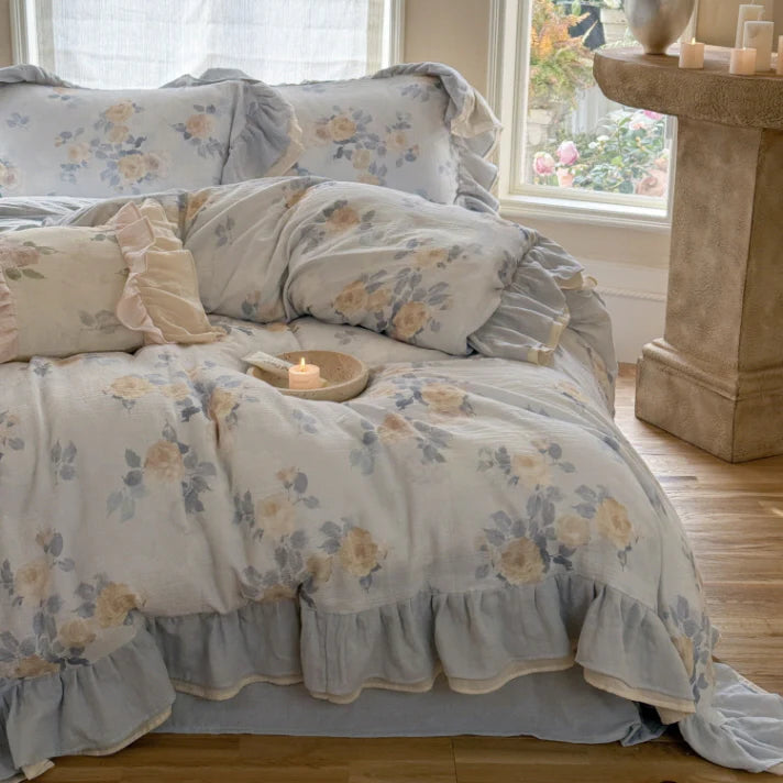 Dusty Blue Rose Print Ruffle Bedding Set