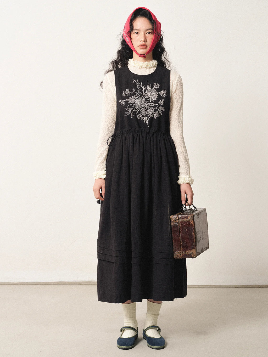 Floral Embroidered Linen-Cotton Pinafore Dress