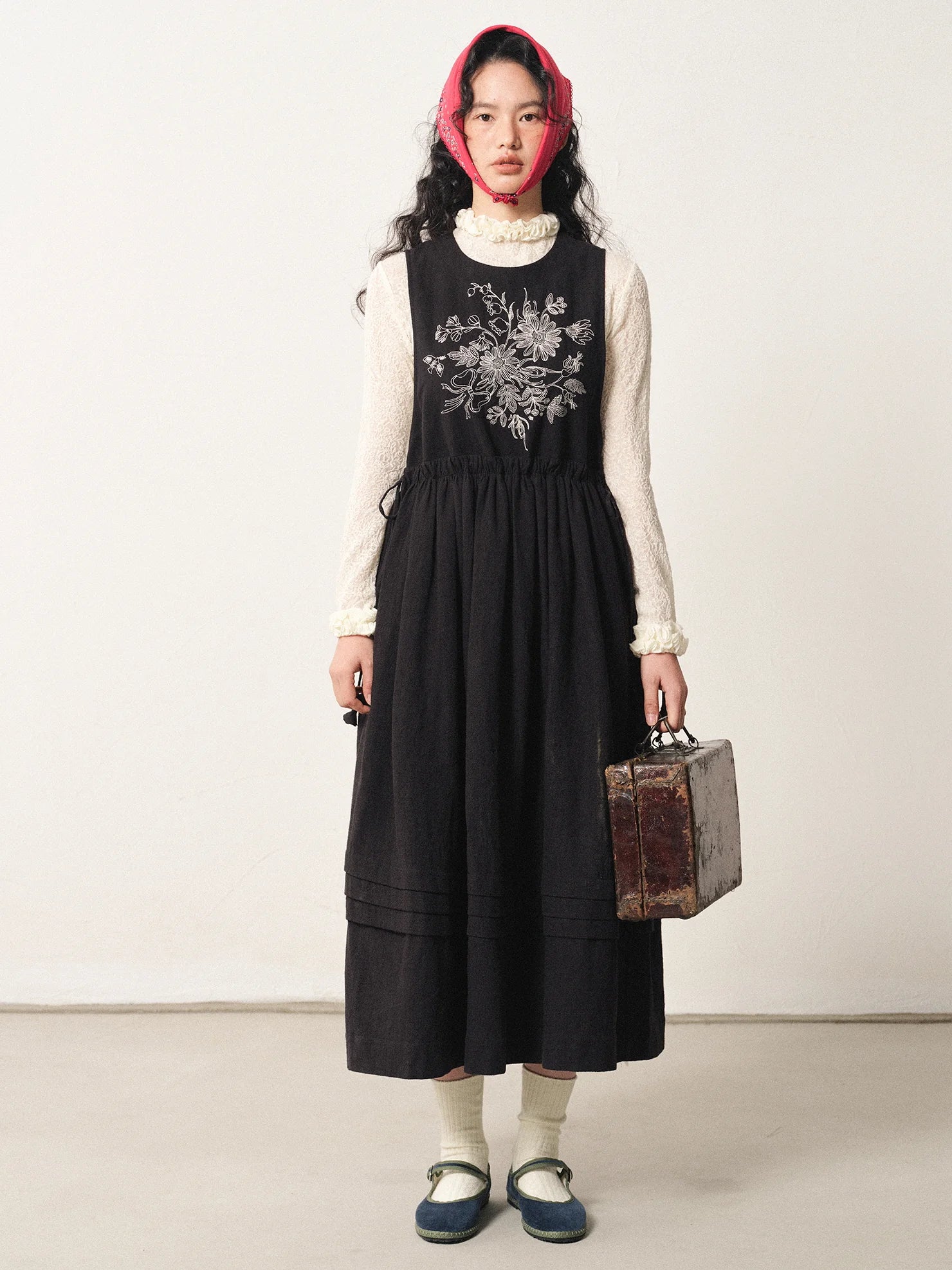 Floral Embroidered Linen-Cotton Pinafore Dress