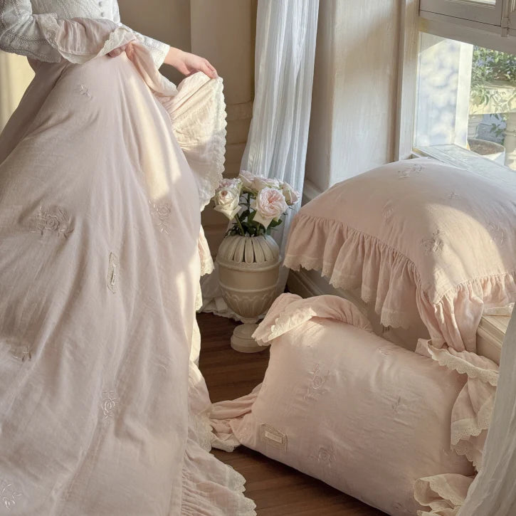 Pink Rose Embroidered Ruffle Bedding Set