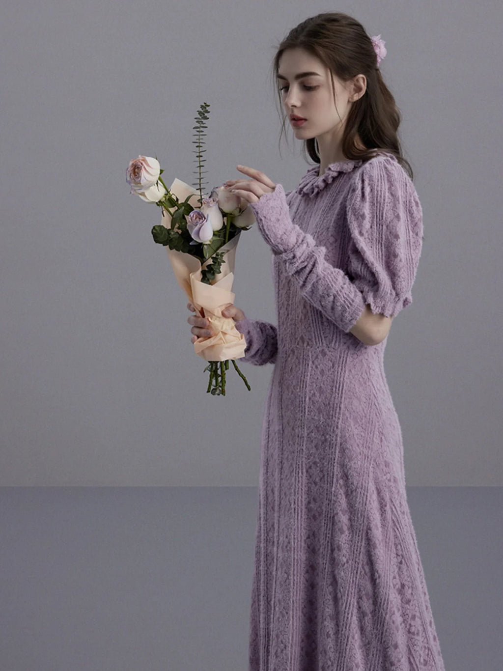 Elegant Puff-Sleeve Knit Dress