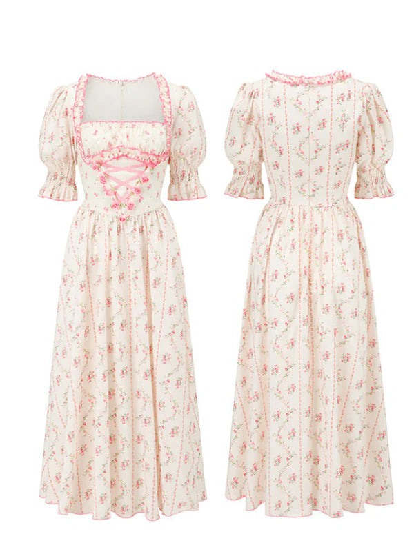 Strawberry Bloom Lace-Up Dress