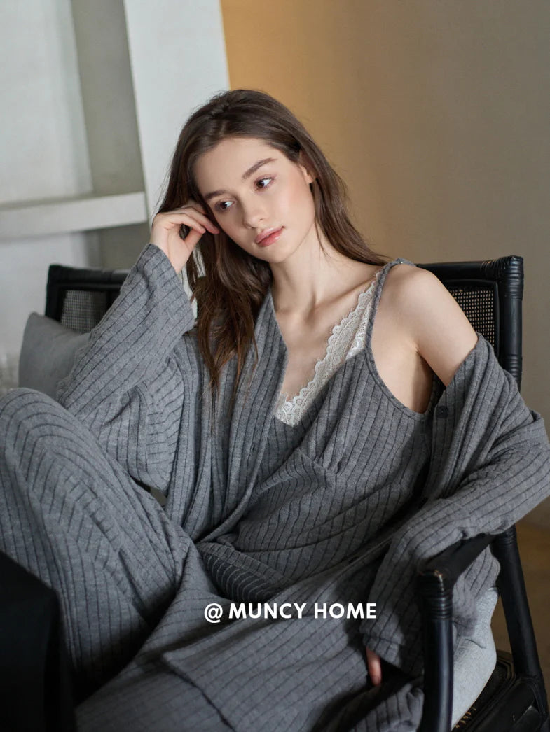 Gray Lace Trim Ribbed Pajama Set