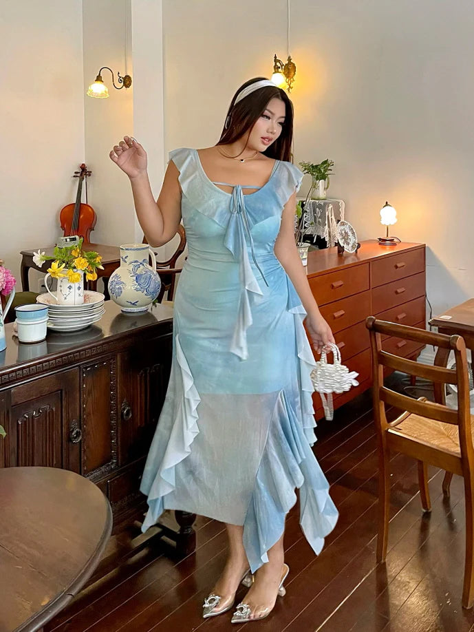 Sky Ruffle Mesh Dress with Bow