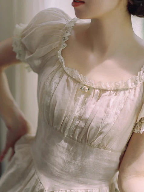 Blush Pearl‑Detail Lace Trim Dress