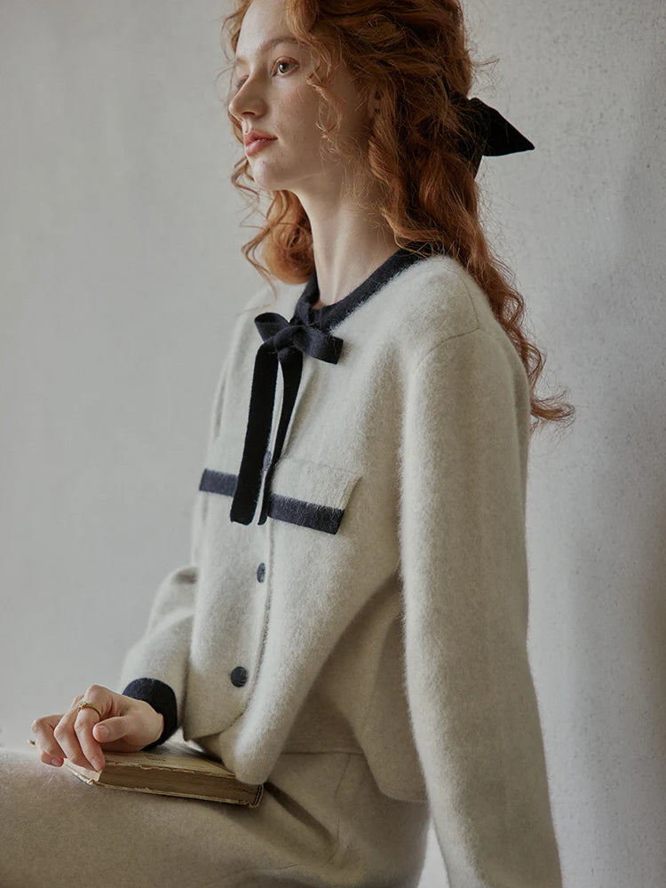Elegant Wool Blend Ribbon Trim Knit Cardigan