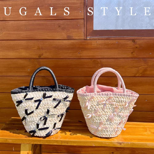 Summer Vacation Straw Ribbon Tote Bag