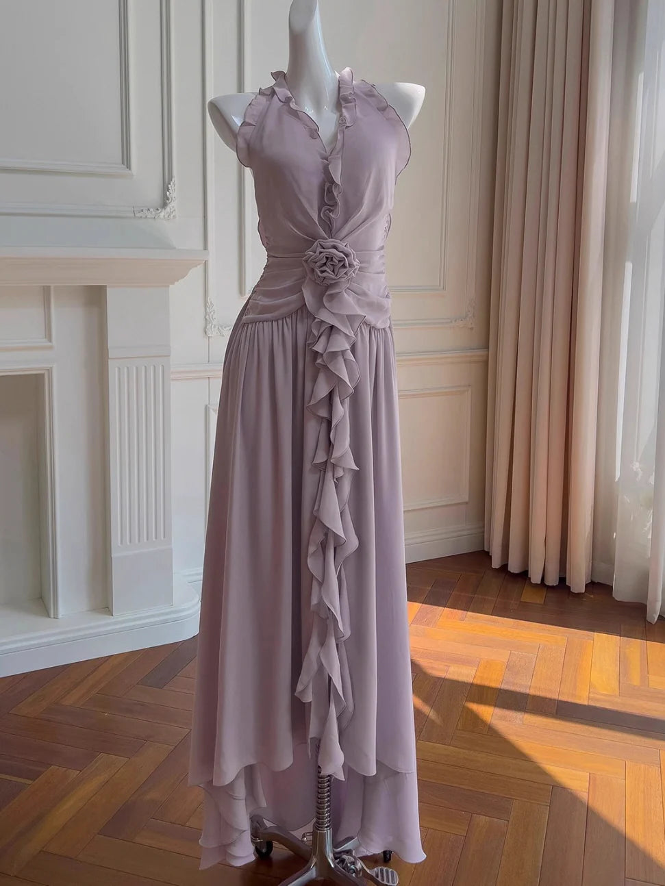 Lilac Rose Ruffle Chiffon Dress